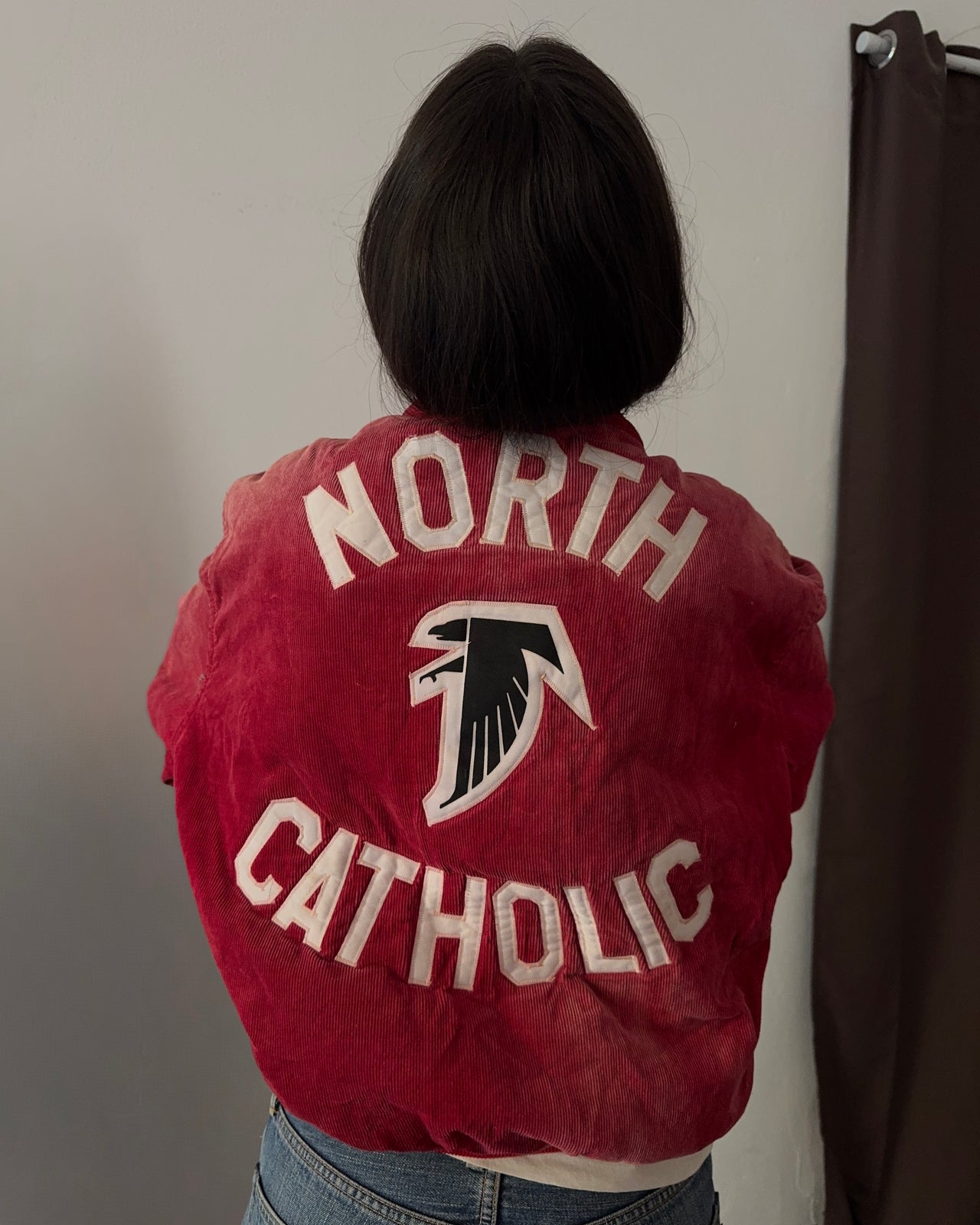 1980s Atlanta Falcons “North Catholic” corduroy faded bomber jacket (L/XL)