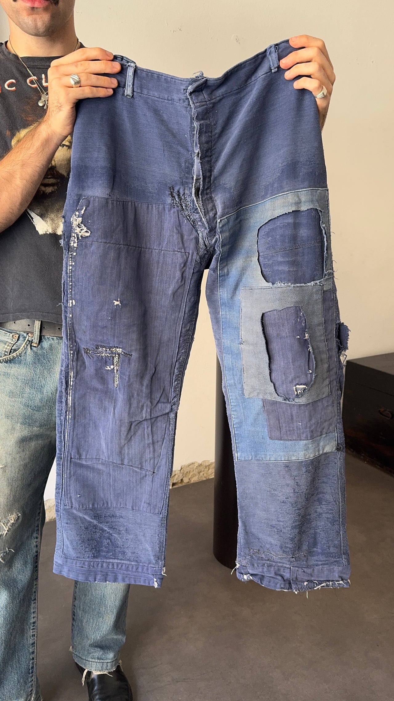 1970s faded French patched work pants (L)